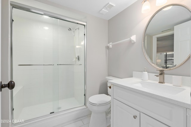 bathroom featuring visible vents, vanity, toilet, and a shower stall