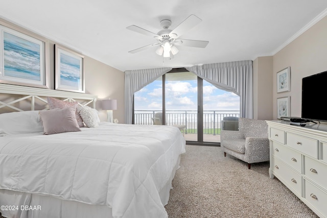 bedroom with access to exterior, ornamental molding, a ceiling fan, and light carpet