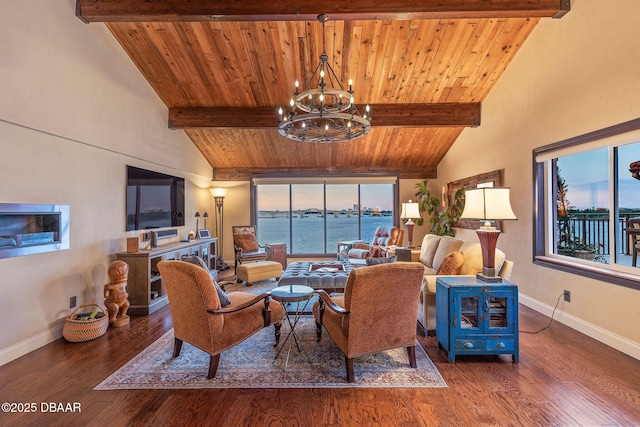 761 Marina Point Dr Unit 7610, Daytona Beach, FL 32114 - living room with a chandelier, wood ceiling, wood finished floors, and baseboards
