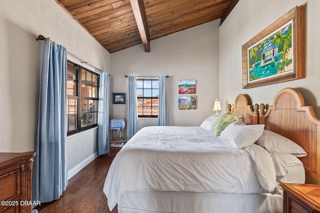 761 Marina Point Dr Unit 7610, Daytona Beach, FL 32114 - bedroom featuring dark wood-type flooring, wooden ceiling, lofted ceiling with beams, and baseboards