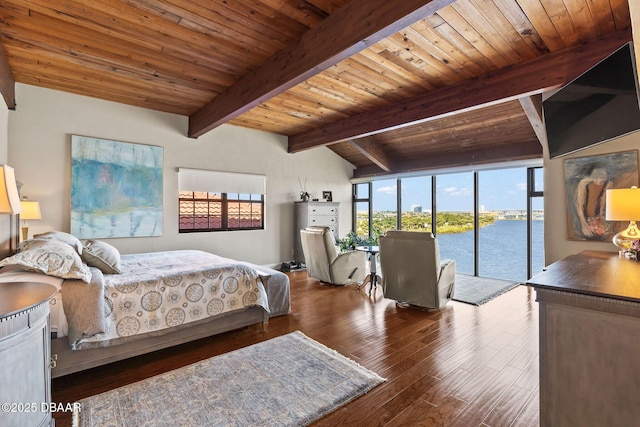 761 Marina Point Dr Unit 7610, Daytona Beach, FL 32114 - bedroom featuring access to exterior, wood finished floors, lofted ceiling with beams, and wooden ceiling