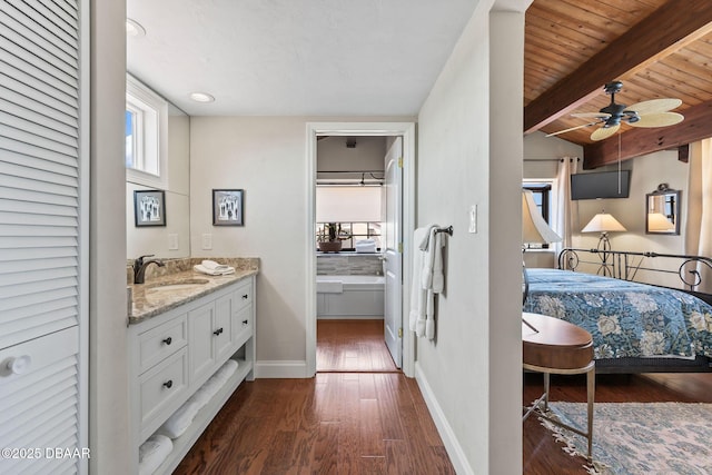 761 Marina Point Dr Unit 7610, Daytona Beach, FL 32114 - full bathroom with vanity, baseboards, a ceiling fan, wooden ceiling, and wood finished floors