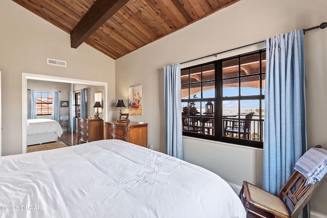 761 Marina Point Dr Unit 7610, Daytona Beach, FL 32114 - bedroom featuring visible vents, lofted ceiling with beams, and wood ceiling