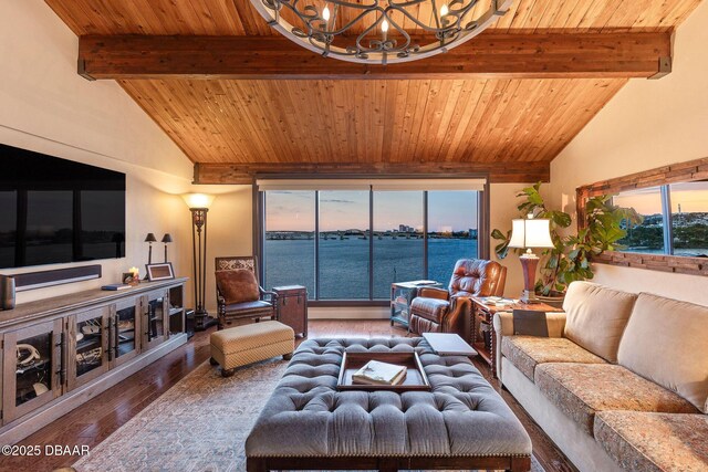 761 Marina Point Dr Unit 7610, Daytona Beach, FL 32114 - living room with vaulted ceiling with beams, an inviting chandelier, wood finished floors, and wood ceiling