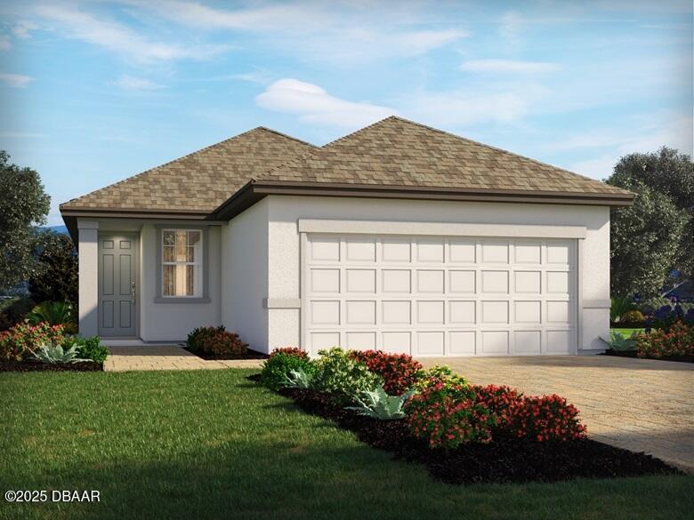177 Links Terrace Blvd, Daytona Beach, FL 32124 - ranch-style house featuring driveway, an attached garage, stucco siding, a front yard, and a shingled roof