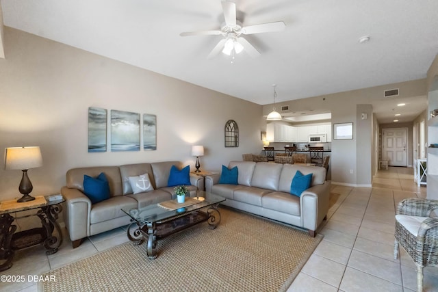 5300 S Atlantic Ave Unit 16-505, New Smyrna Beach, FL 32169 - living area featuring light tile patterned floors, baseboards, visible vents, and a ceiling fan