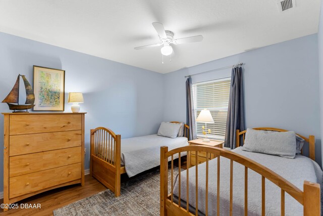 5300 S Atlantic Ave Unit 16-505, New Smyrna Beach, FL 32169 - bedroom featuring a ceiling fan, visible vents, and wood finished floors