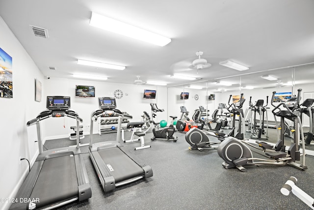 exercise room featuring ceiling fan