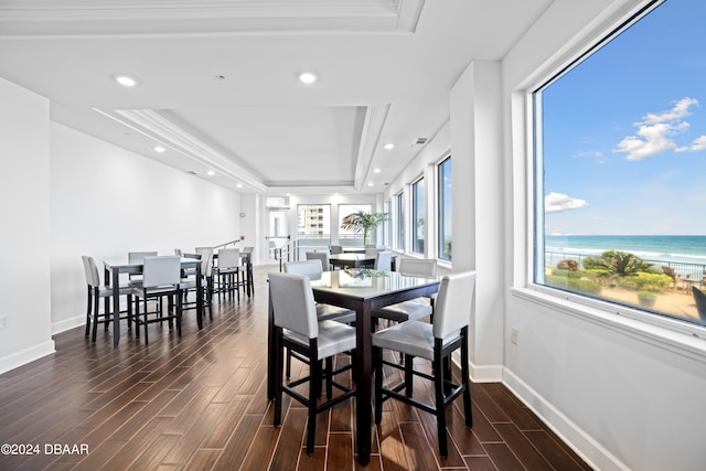 dining room with dark wood-type flooring, plenty of natural light, and a water view