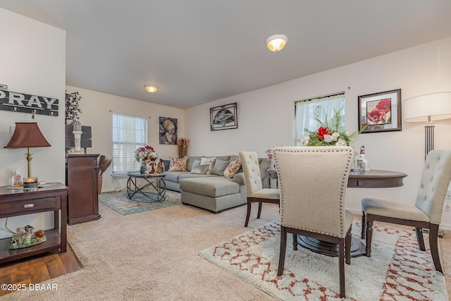 living room featuring light colored carpet