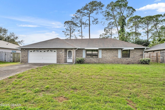 ranch-style house with brick siding, driveway, a front lawn, and a garage