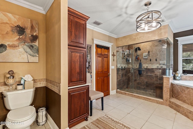 bathroom with tile patterned floors, crown molding, independent shower and bath, and toilet