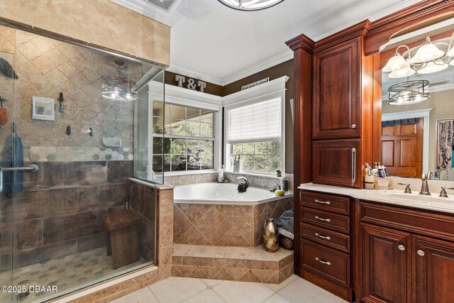 bathroom with ornamental molding, vanity, tile patterned floors, and independent shower and bath