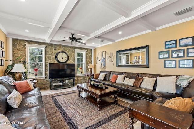 living room with beam ceiling, crown molding, ceiling fan, and coffered ceiling