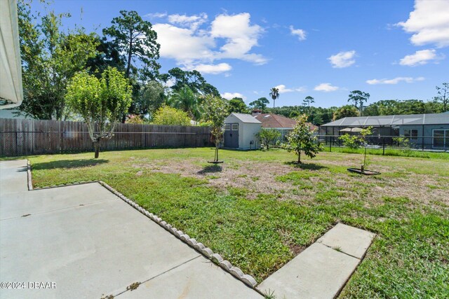 view of yard featuring a patio area and a storage shed