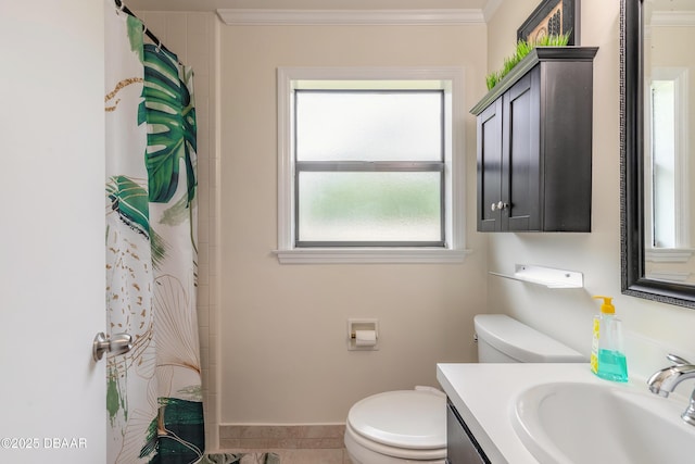 92 S Orchard St, Ormond Beach, FL 32174 - full bath with toilet, ornamental molding, vanity, tile patterned flooring, and a shower with shower curtain