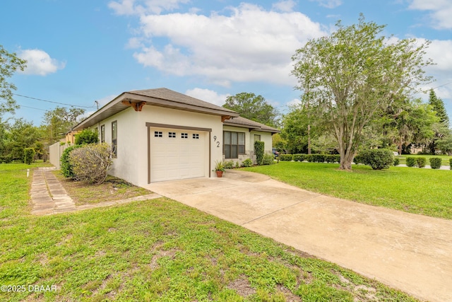 92 S Orchard St, Ormond Beach, FL 32174 - view of front of house with stucco siding, concrete driveway, an attached garage, and a front yard