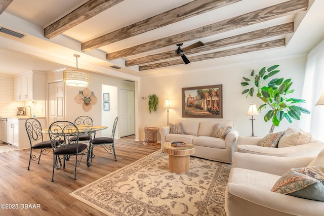 92 S Orchard St, Ormond Beach, FL 32174 - living area with light wood-style flooring, beam ceiling, ceiling fan, and baseboards