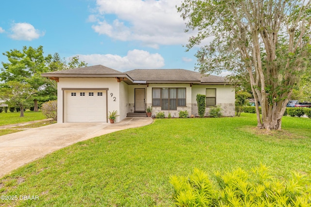 92 S Orchard St, Ormond Beach, FL 32174 - view of front of property with an attached garage, driveway, stucco siding, and a front yard