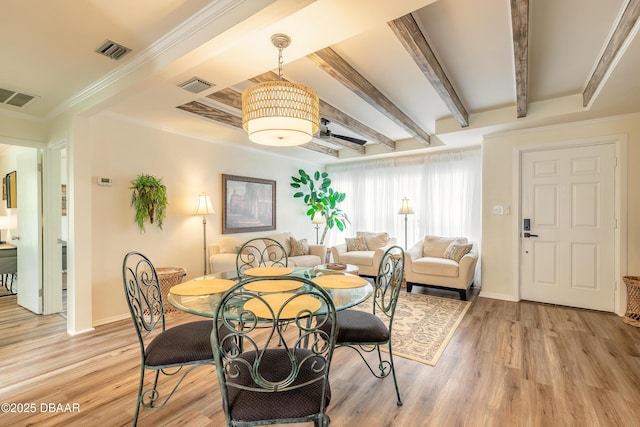 92 S Orchard St, Ormond Beach, FL 32174 - dining space featuring baseboards, light wood-style floors, beam ceiling, and crown molding