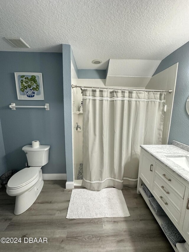 1021 Alabama Ave, Holly Hill, FL 32117 - full bathroom featuring a textured ceiling, toilet, vanity, wood finished floors, and a shower with shower curtain