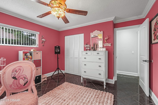 1409 Mollie Rd, Daytona Beach, FL 32114 - bedroom featuring granite tiled floors, crown molding, a textured ceiling, and a ceiling fan