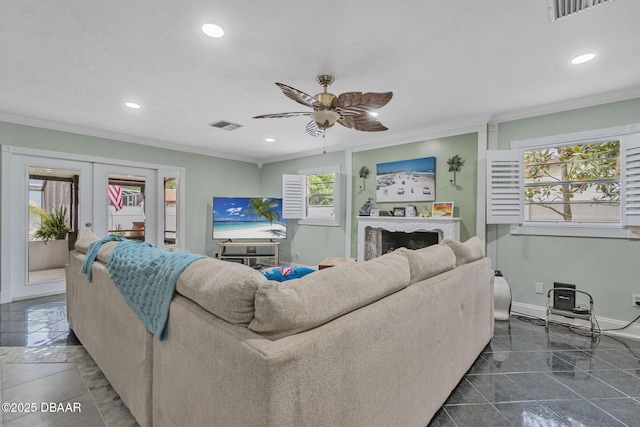 1409 Mollie Rd, Daytona Beach, FL 32114 - living area with french doors, crown molding, recessed lighting, and a ceiling fan