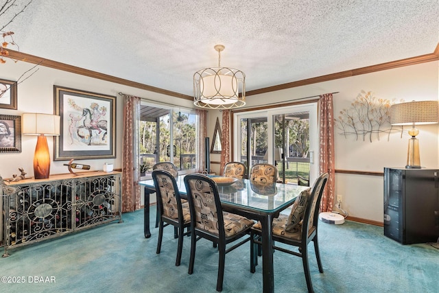 carpeted dining space featuring crown molding and a textured ceiling