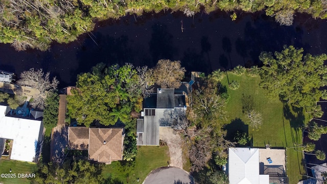 drone / aerial view featuring a water view