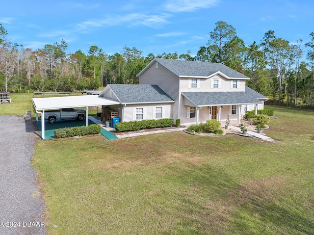 view of front of house with a porch and a front lawn