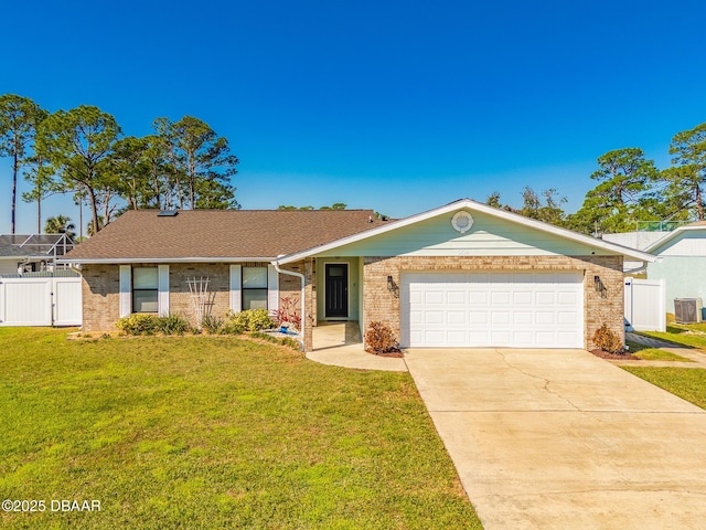 single story home with a garage, brick siding, fence, driveway, and a front yard