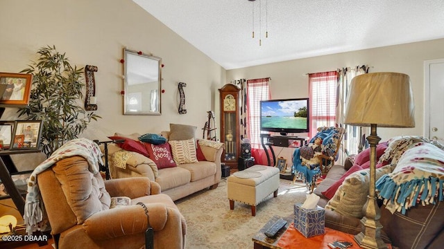 living room featuring vaulted ceiling and a textured ceiling