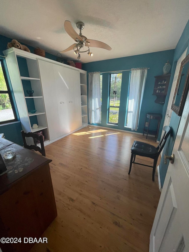 interior space featuring hardwood / wood-style floors, ceiling fan, and plenty of natural light