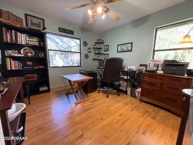 home office featuring light hardwood / wood-style floors, ceiling fan, and a healthy amount of sunlight