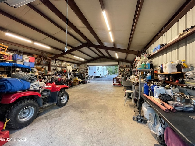 garage with a workshop area