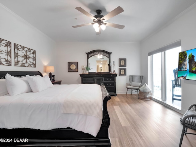 bedroom with ceiling fan, access to exterior, light wood-type flooring, and multiple windows