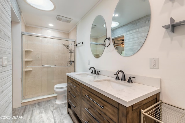 3643 Scott St, Port Orange, FL 32129 - bathroom with double vanity, a stall shower, a ceiling fan, and recessed lighting