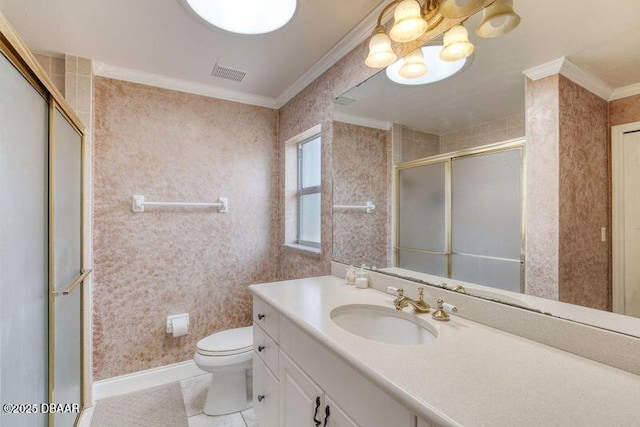 1465 Admiral Nimitz Ave, Daytona Beach, FL 32124 - bathroom with ornamental molding, a shower stall, vanity, toilet, and wallpapered walls