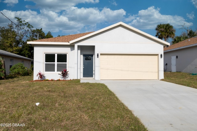 single story home with concrete driveway, an attached garage, a front yard, and stucco siding