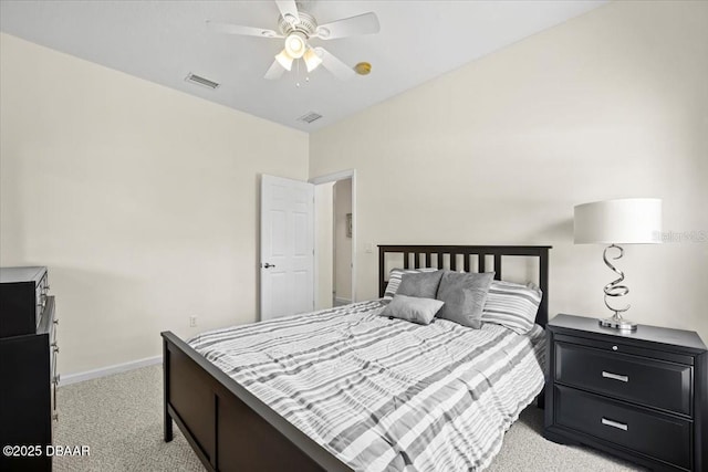 bedroom featuring visible vents, ceiling fan, light carpet, and baseboards