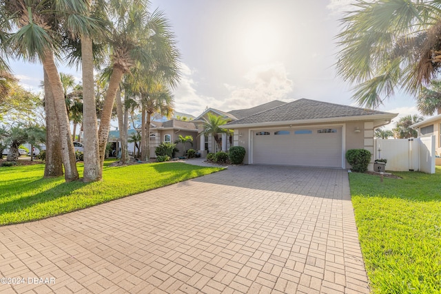 view of front of home featuring a front yard and a garage