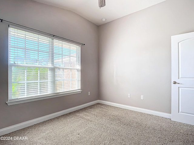 spare room featuring lofted ceiling, carpet, ceiling fan, and a healthy amount of sunlight