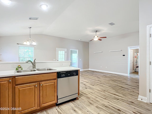 kitchen featuring dishwasher, pendant lighting, sink, light hardwood / wood-style flooring, and ceiling fan with notable chandelier