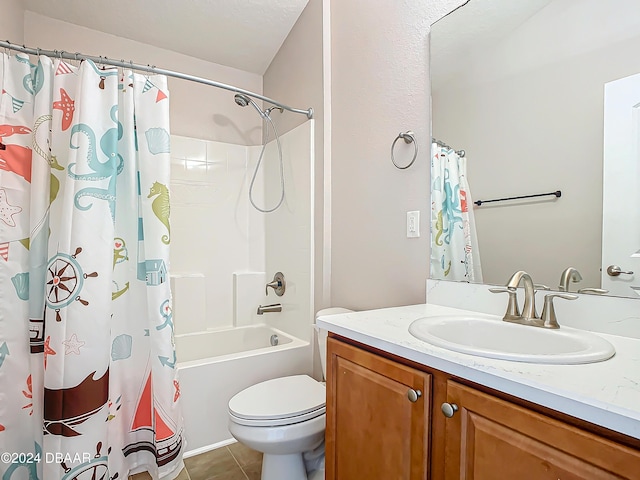 full bathroom with toilet, shower / bath combo, vanity, and tile patterned floors