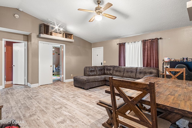 1724 Umbrella Tree Dr, Edgewater, FL 32132 - living area featuring lofted ceiling, a ceiling fan, light wood-style floors, baseboards, and a textured ceiling