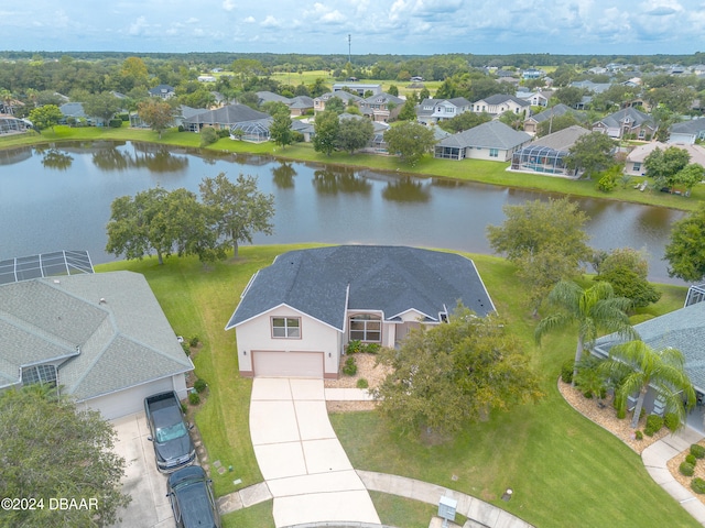 drone / aerial view featuring a water view