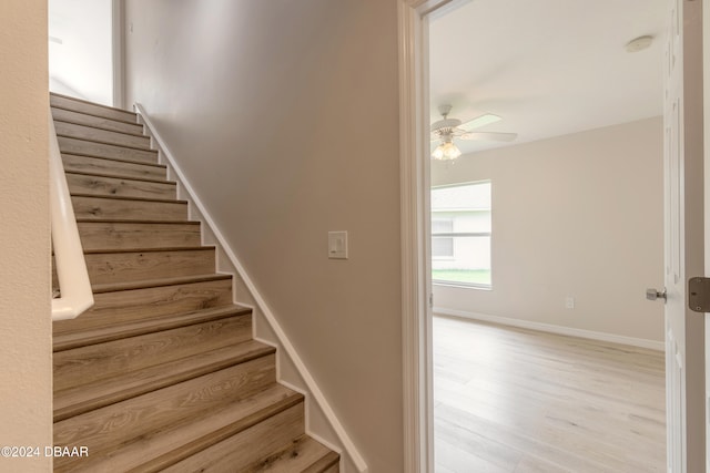 stairway featuring hardwood / wood-style flooring and ceiling fan