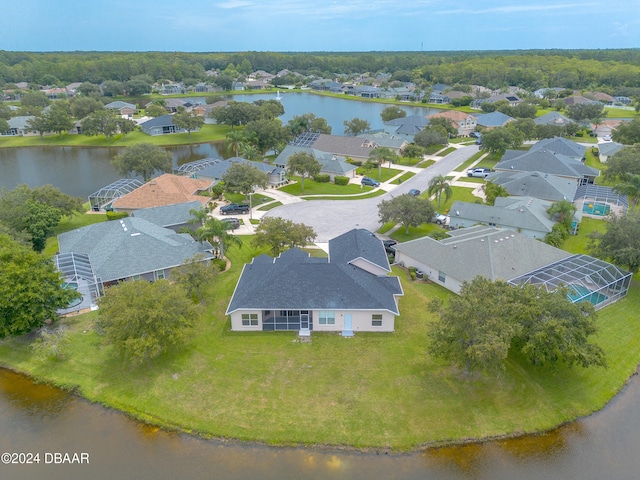 drone / aerial view with a water view