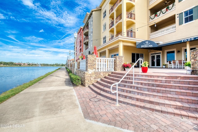 exterior space featuring a water view