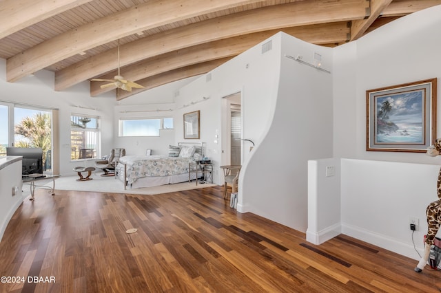 unfurnished bedroom featuring wood-type flooring, wood ceiling, and vaulted ceiling with beams